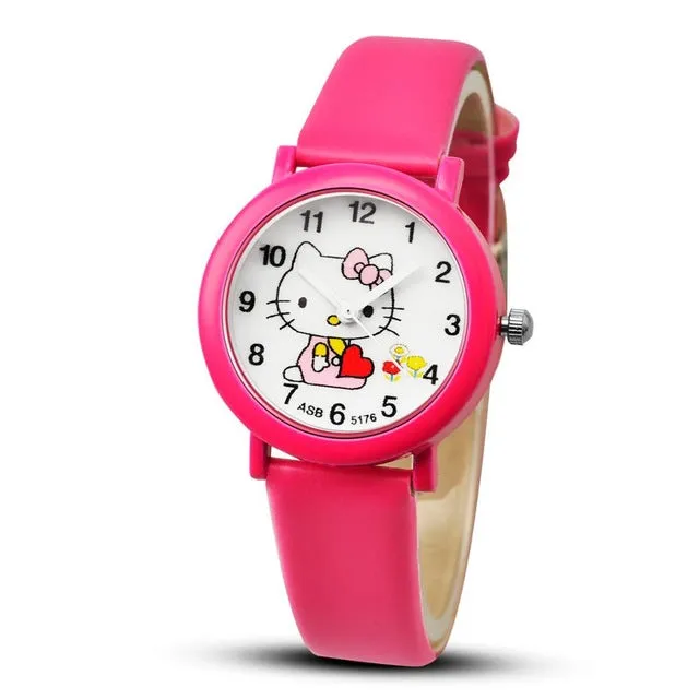 2017 Hello Kitty Cartoon Watches Kid Girls Leather Straps Wristwatch Children Hellokitty Quartz Watch Montre Enfant