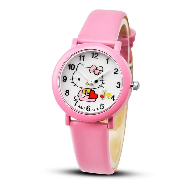 2017 Hello Kitty Cartoon Watches Kid Girls Leather Straps Wristwatch Children Hellokitty Quartz Watch Montre Enfant