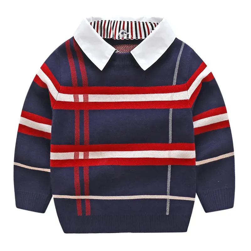 Autumn Warm Wool Boys Sweater Plaid Children Knitwear Boys Cotton Pullover Sweater 2-7y Kids Fashion Outerwear