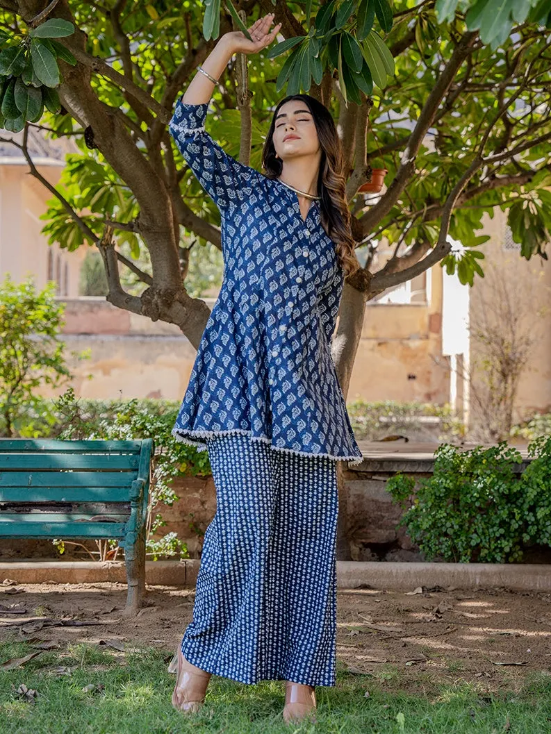 Blue Cotton Printed,Less Border Tassels Co-Ord Set