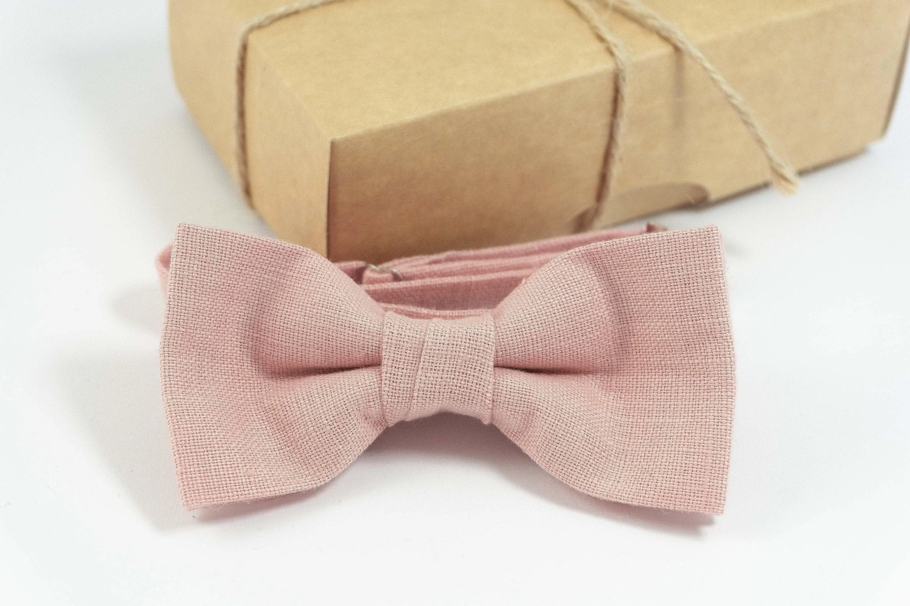 Dusty pink wedding tie and bow tie can be ordered with matching pocket square for weddings | Eco Friendly Linen bow tie gift for groomsmen