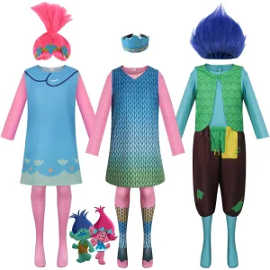 Girl Poppy Dress And Boy Branch Costume Wig Trolls 2 World Tour Cosplay For Kids Adult