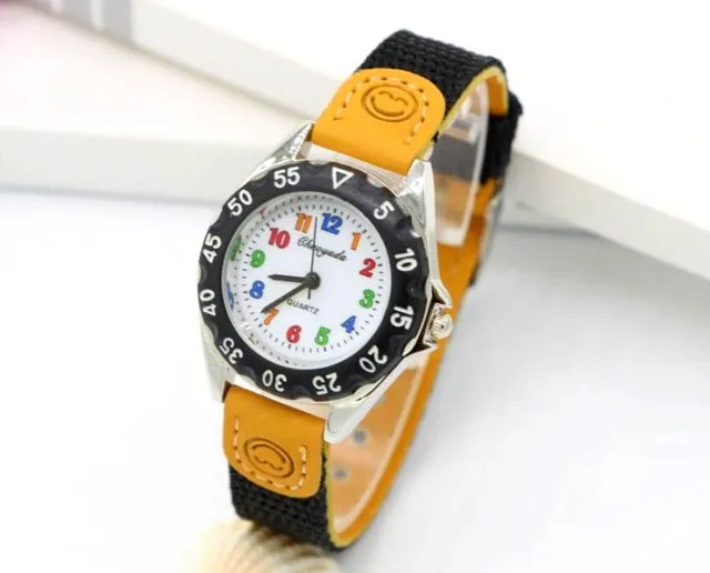 High Quality Blue Boy Black Watch Girl Kids Children's Gift Fabric Strap Learn Time Tutor Student Wristwatch 1486