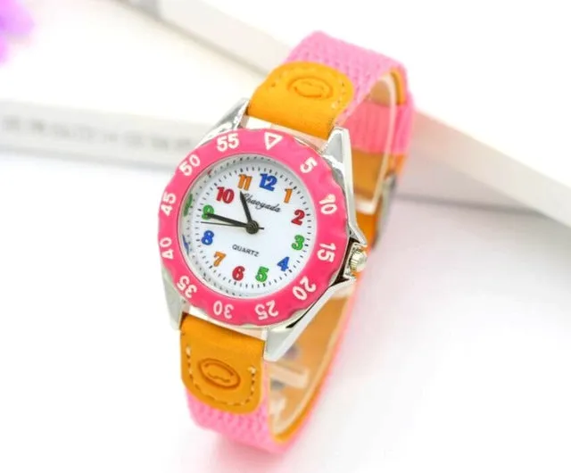 High Quality Blue Boy Black Watch Girl Kids Children's Gift Fabric Strap Learn Time Tutor Student Wristwatch 1486