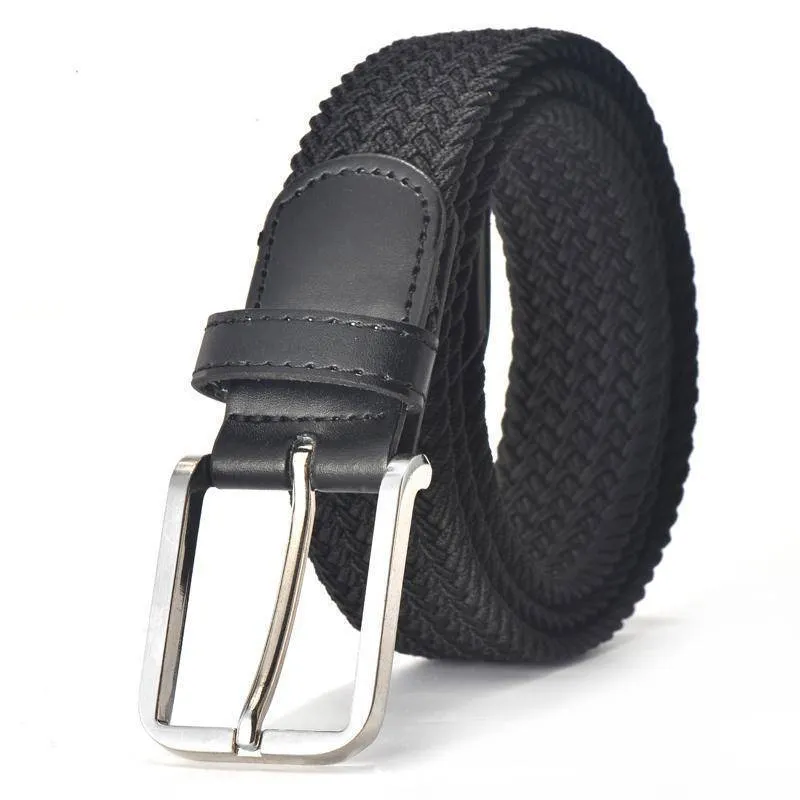 Hot Colors Men Women's Casual Knitted Belt Woven Canvas Elastic Stretch Belt  Plain Webbing Belt Metal Buckle Black