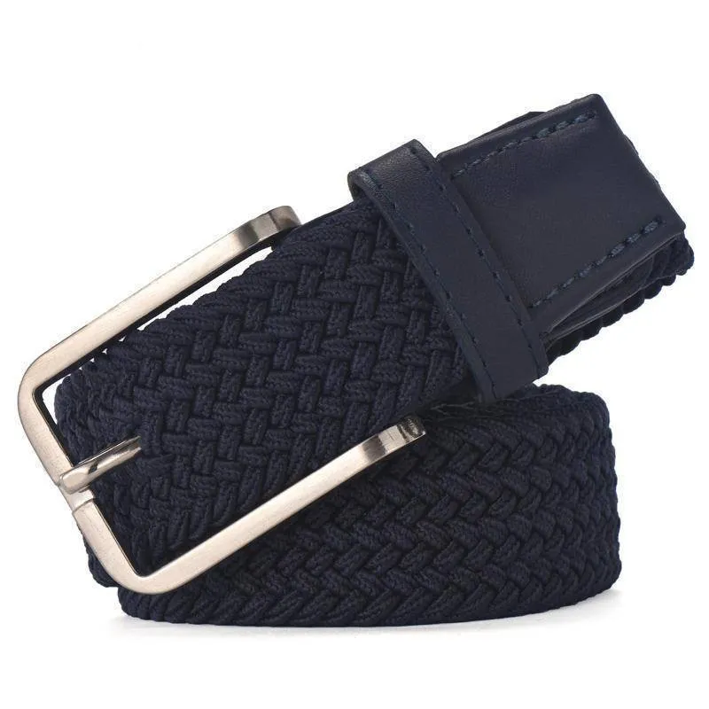 Hot Colors Men Women's Casual Knitted Belt Woven Canvas Elastic Stretch Belt  Plain Webbing Belt Metal Buckle Black