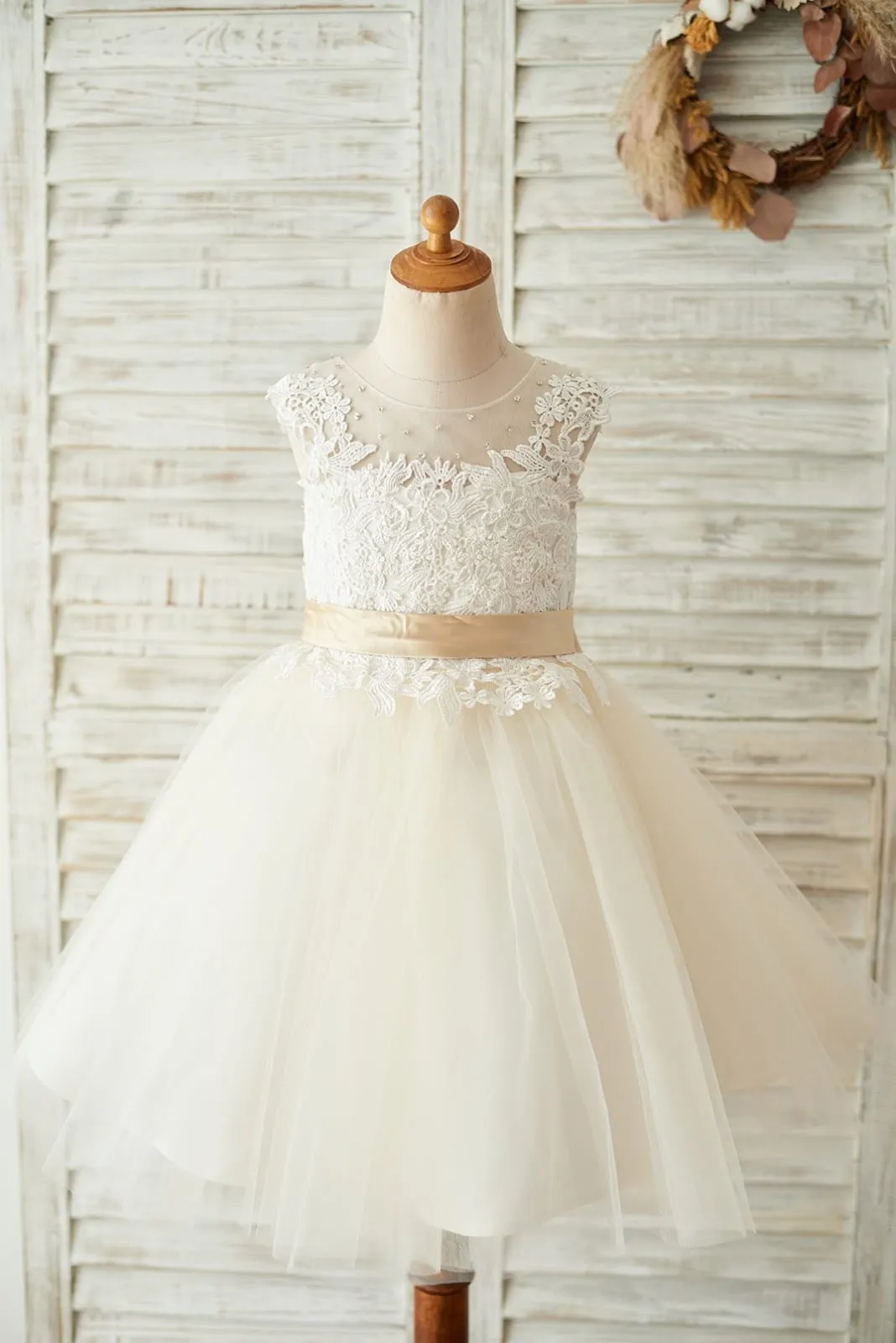 Ivory Lace Champagne Tulle Keyhole Back Wedding Party Flower Girl Dress