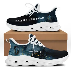 Jesus Faith Over Fear Running Sneakers White Black Max Soul Shoes - Christian Shoes For Men And Women