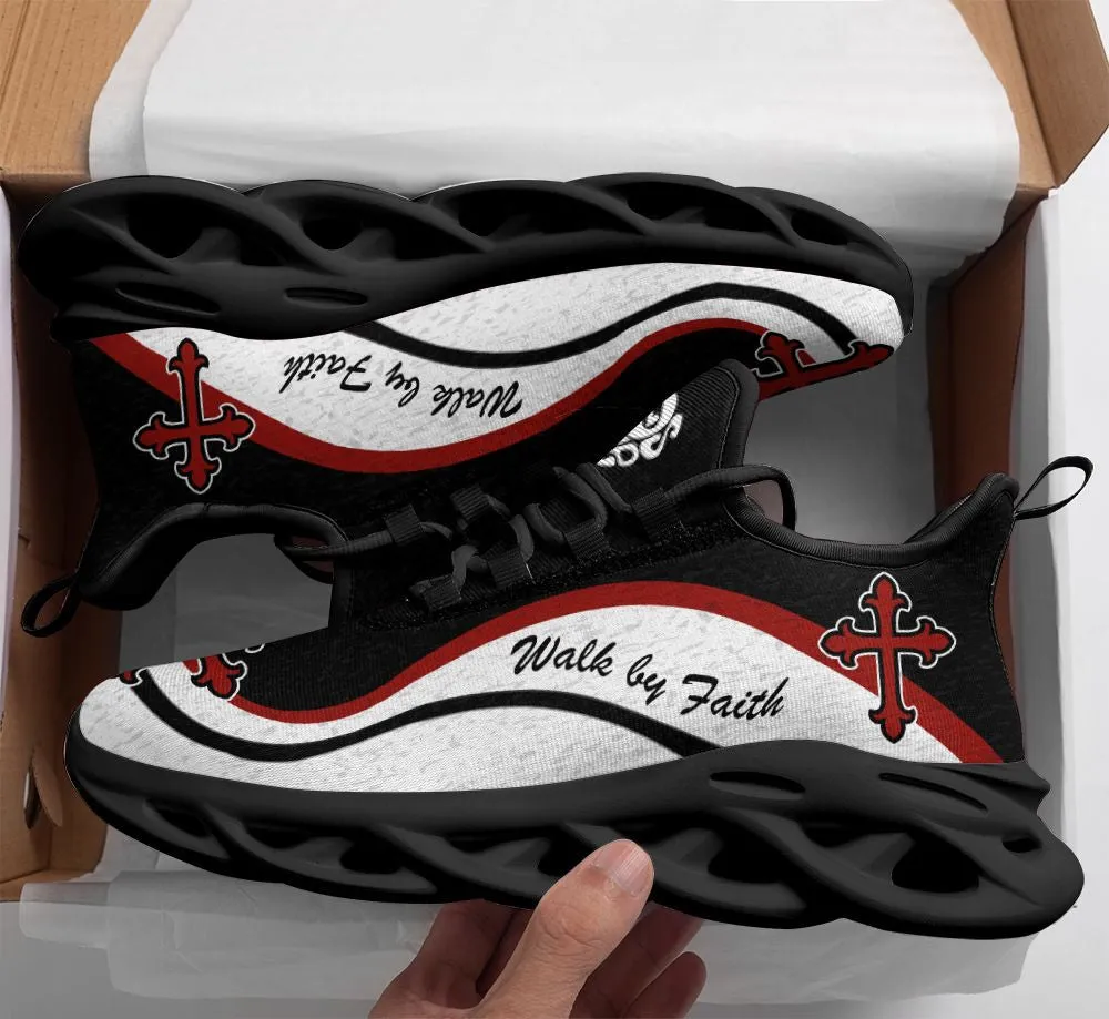 Jesus Walk By Faith Running Sneakers White And Black Max Soul Shoes - Christian Shoes For Men And Women