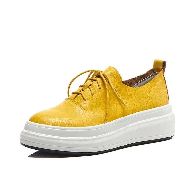 New Height Increase Casual Shoes Women Simple Yellow Leather Lace-up Single Shoes Platform Platform Shoes British Style Women's Shoes