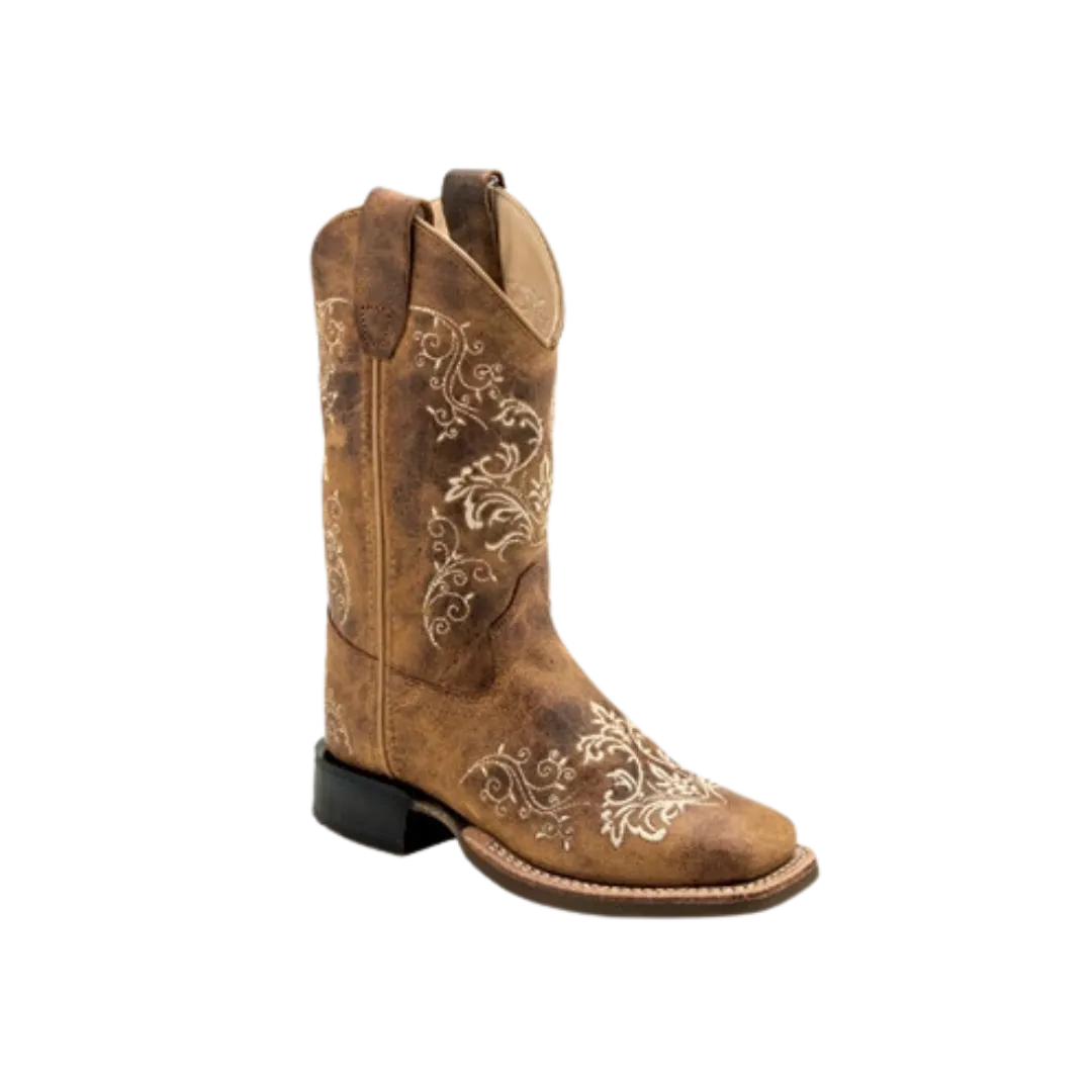 Old West Girls Western With Floral Embroidery Distressed Brown Boots