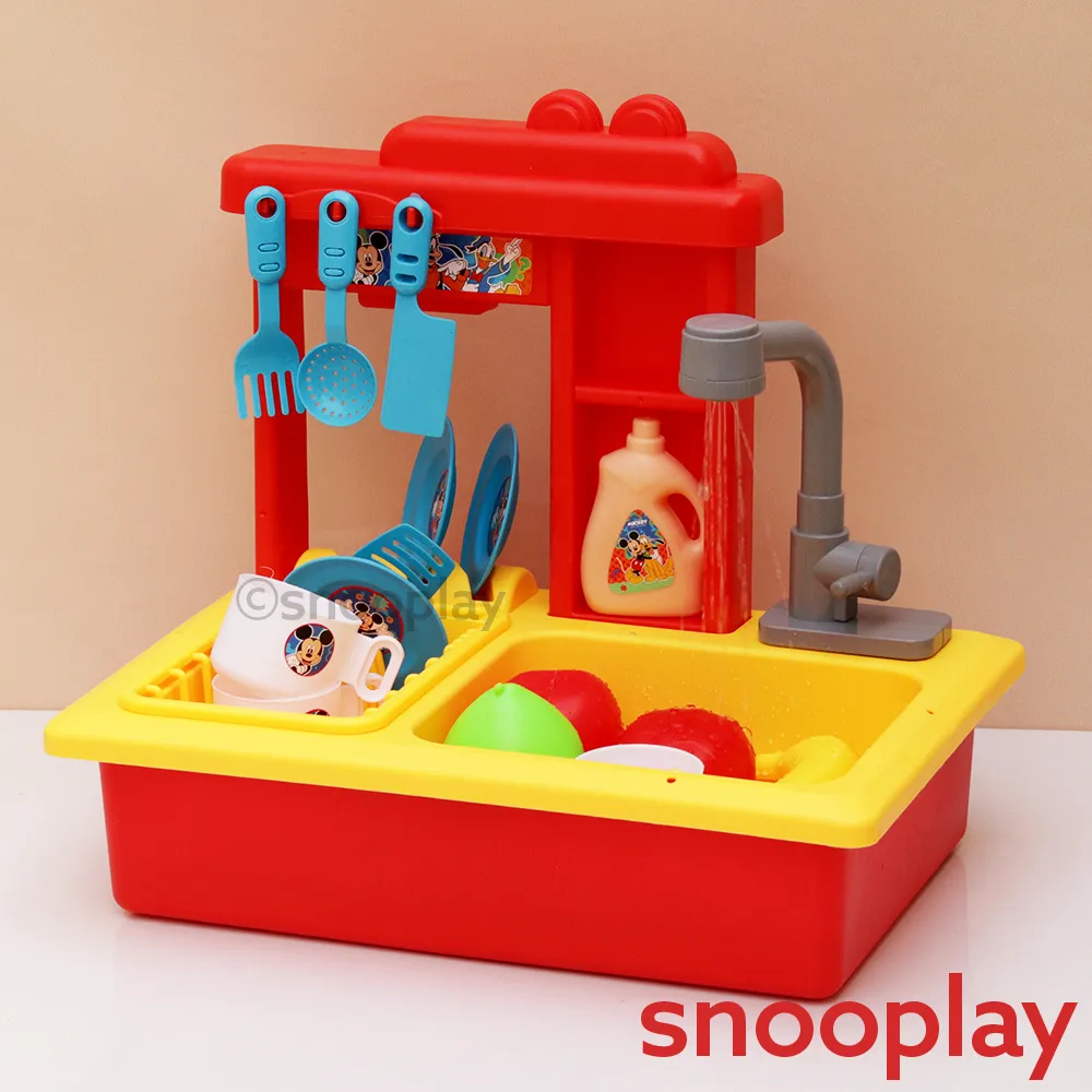 Original Mickey Kitchen Sink Toy with Realistic Running Water & Automatic Recycle System- 22 Pieces | Licensed Disney Toy (3-7 Years)