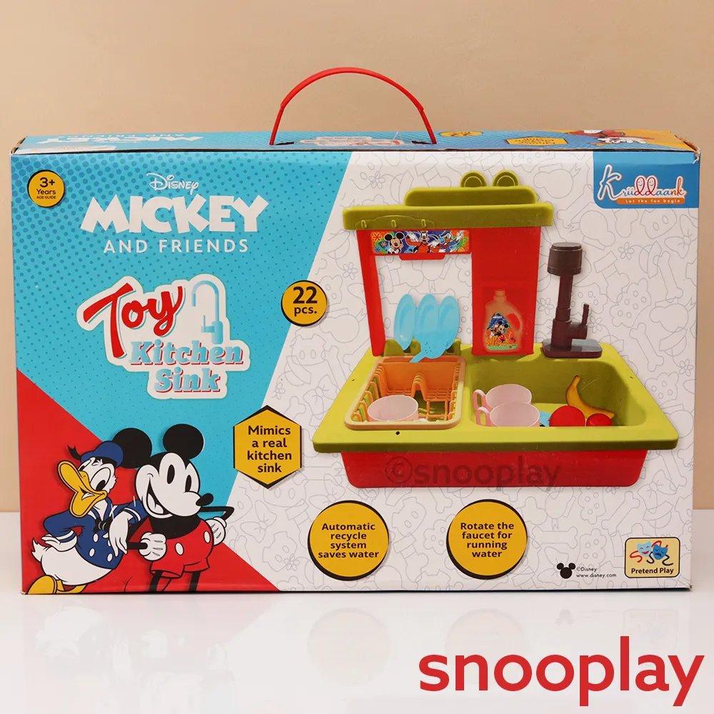 Original Mickey Kitchen Sink Toy with Realistic Running Water & Automatic Recycle System- 22 Pieces | Licensed Disney Toy (3-7 Years)