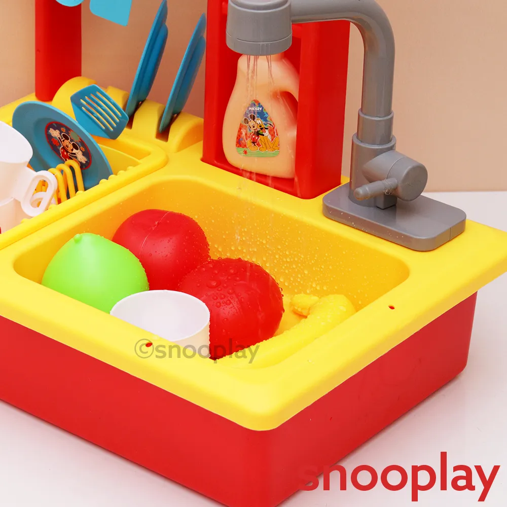 Original Mickey Kitchen Sink Toy with Realistic Running Water & Automatic Recycle System- 22 Pieces | Licensed Disney Toy (3-7 Years)