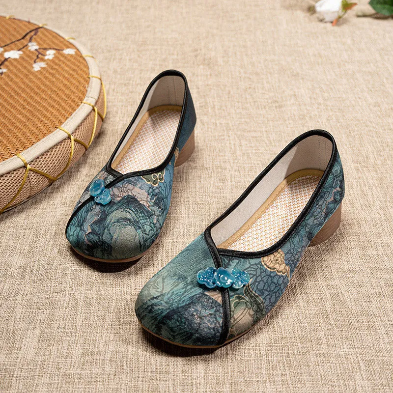 Retro Chinese Print Low Heel Loafers Casual Shoes for Women