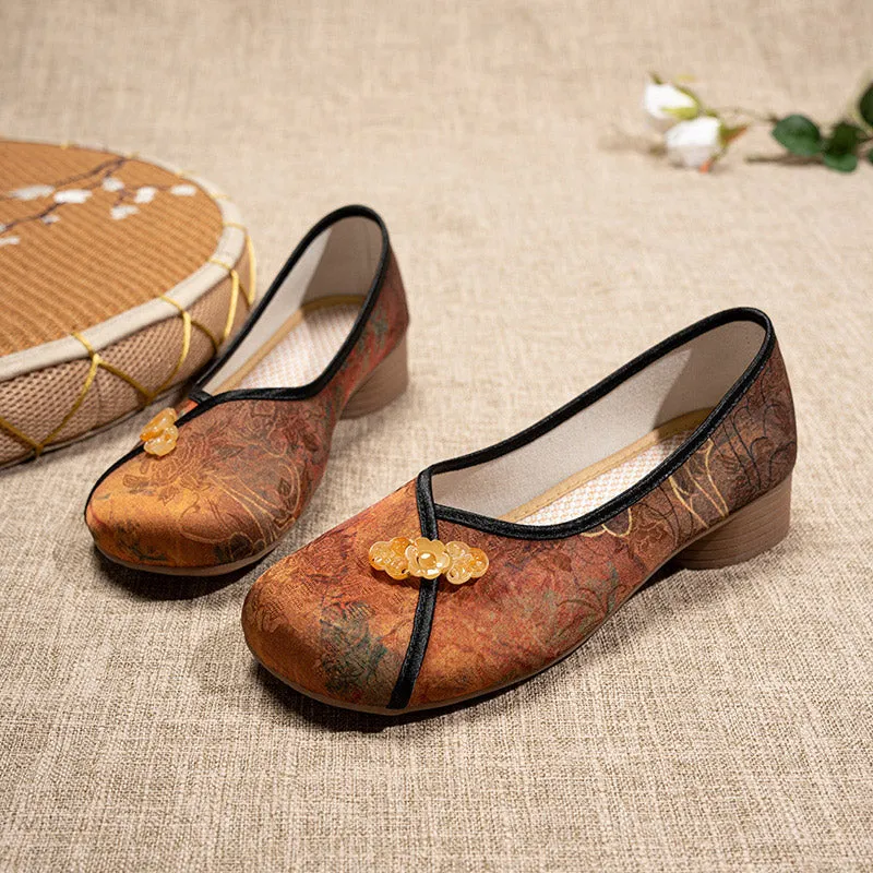 Retro Chinese Print Low Heel Loafers Casual Shoes for Women