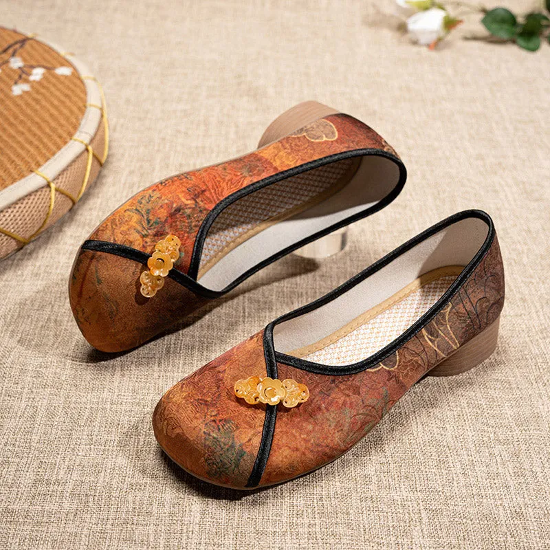 Retro Chinese Print Low Heel Loafers Casual Shoes for Women