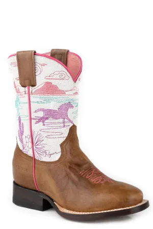 Roper Kids Girls Running Free Brown/Pink Leather Cowboy Boots