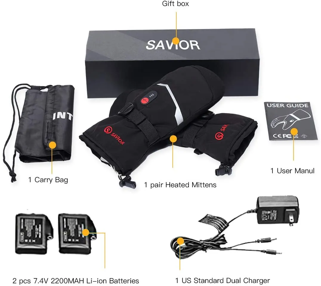 Savior Electric Heated Mittens | Thick 7.4V Rechargeable Warming Mittens For Skiing