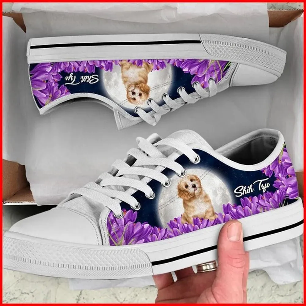 Shih Tzu Purple Flower Canvas Low Top Shoes - Low Top Shoes Mens, Women, Dog Printed Shoes, Canvas Shoes For Men, Women