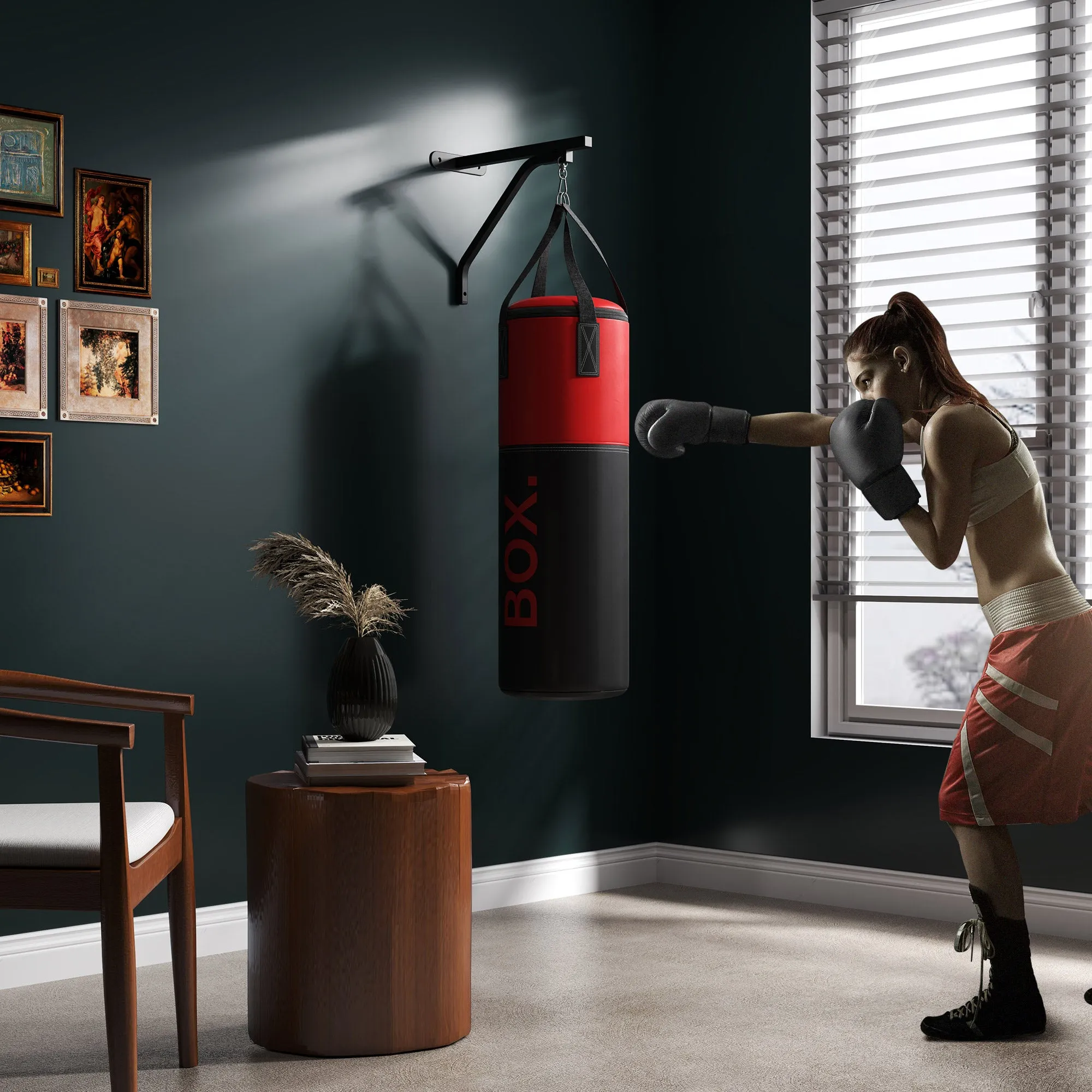 Unfilled Punching Bag Set with Boxing Bag Bracket, Heavy Bag with Boxing Gloves, Hand Wraps and 360° Swivel Hook