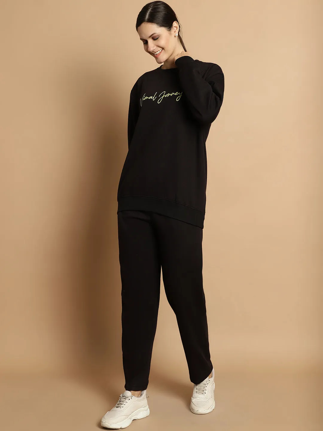 Vimal Jonney Black Printed Round Neck Cotton Fleece Tracksuit for Women(2 Side Pocket 1 Side Zip)