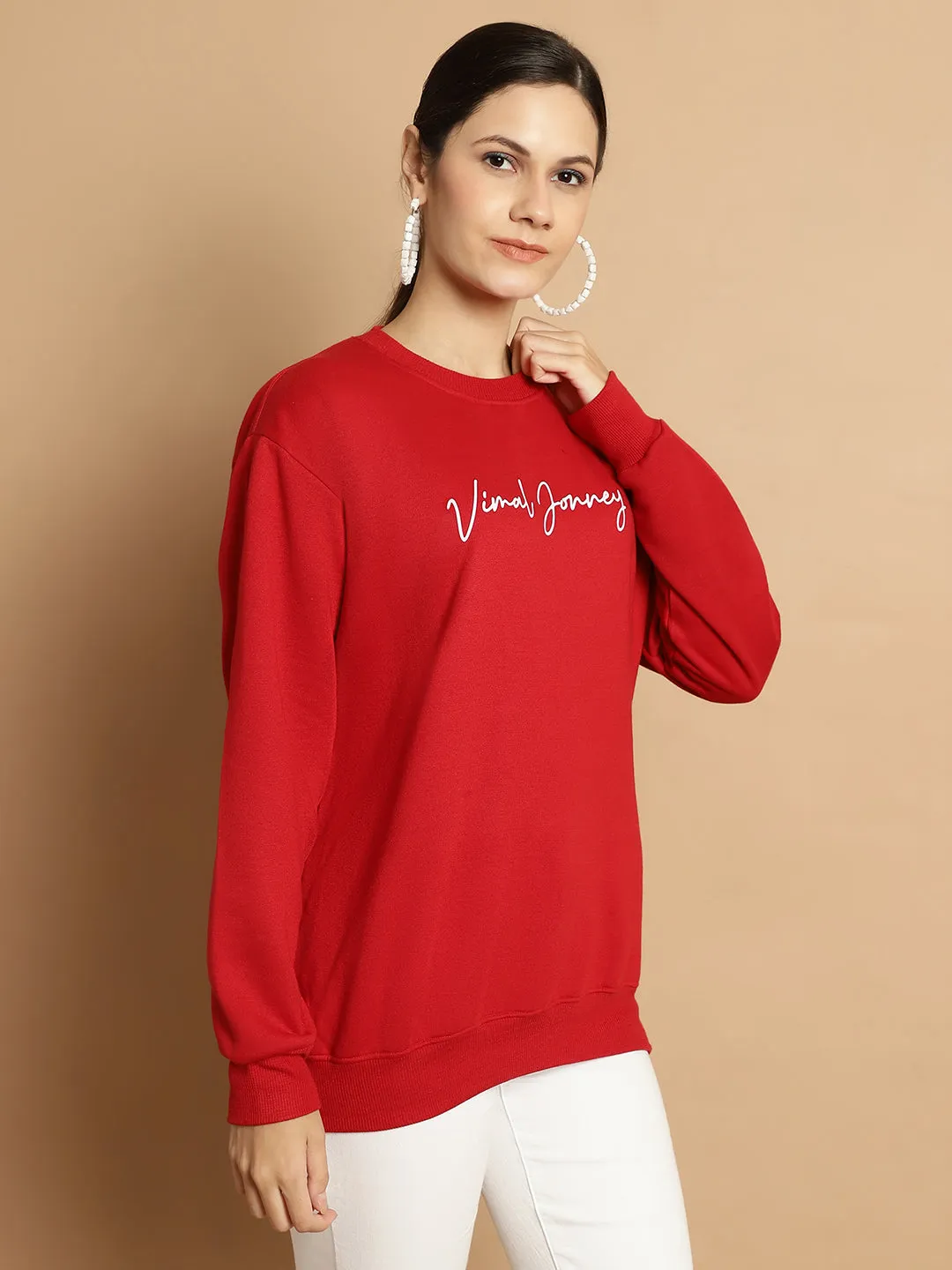 Vimal Jonney Maroon Printed Round Neck Cotton Fleece Sweatshirt for Women