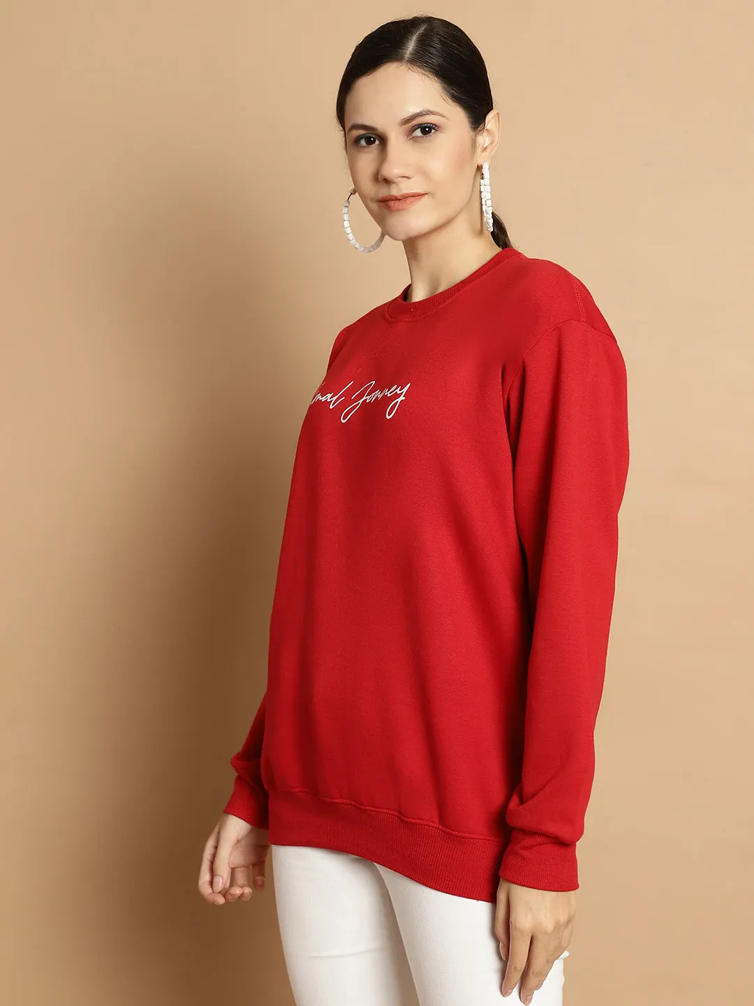 Vimal Jonney Maroon Printed Round Neck Cotton Fleece Sweatshirt for Women