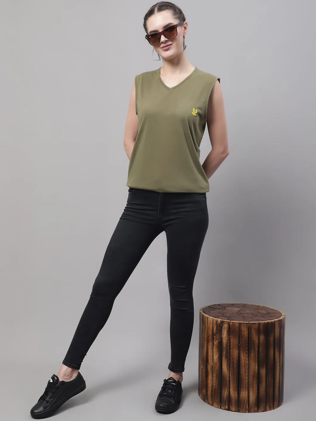 Vimal Jonney Regular Fit Cotton Solid Olive Gym Vest for Women