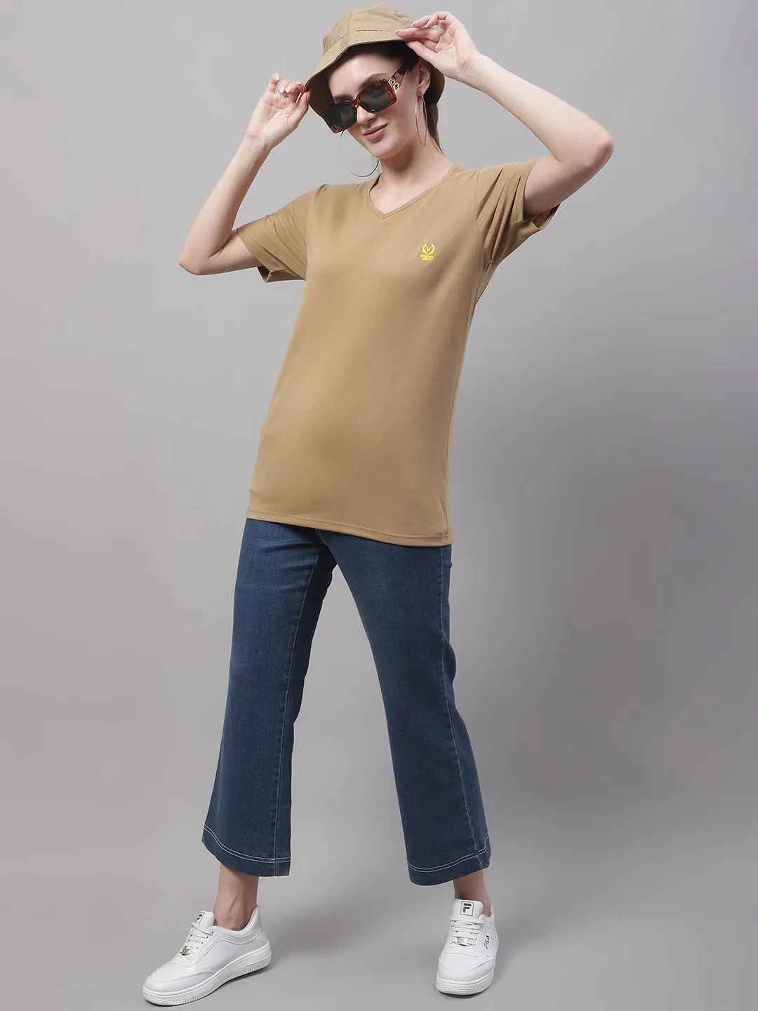 Vimal Jonney V Neck Cotton Solid Mud T-Shirt for Women