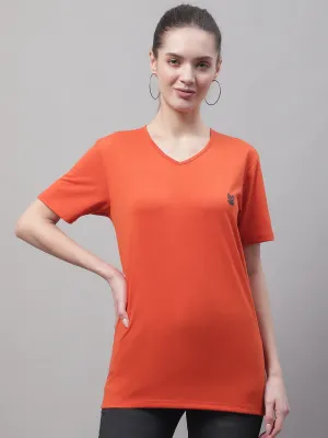 Vimal Jonney V Neck Cotton Solid Rust T-Shirt for Women