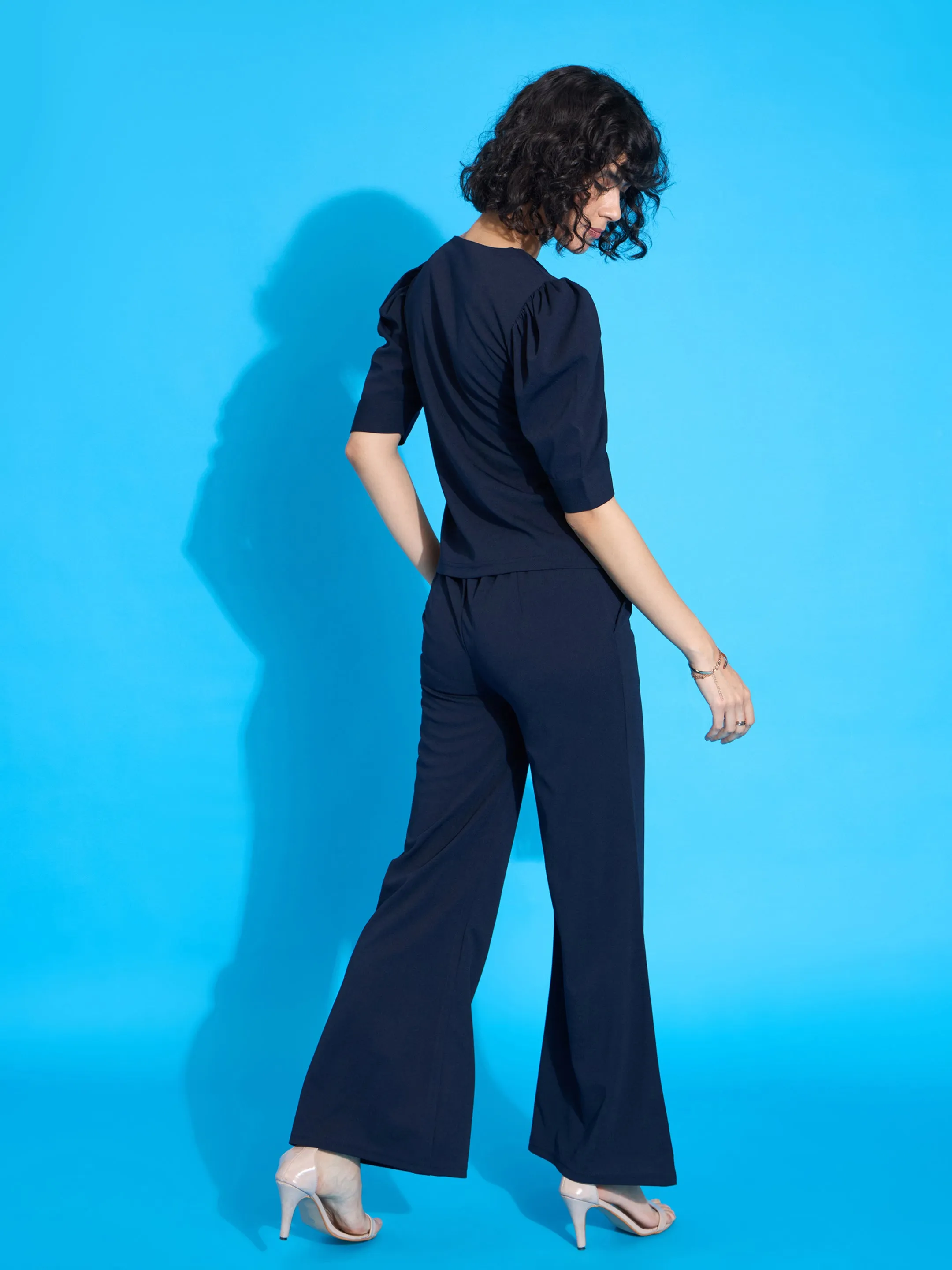 Women Navy Black Puff Sleeves Top With Bell Bottom Pants