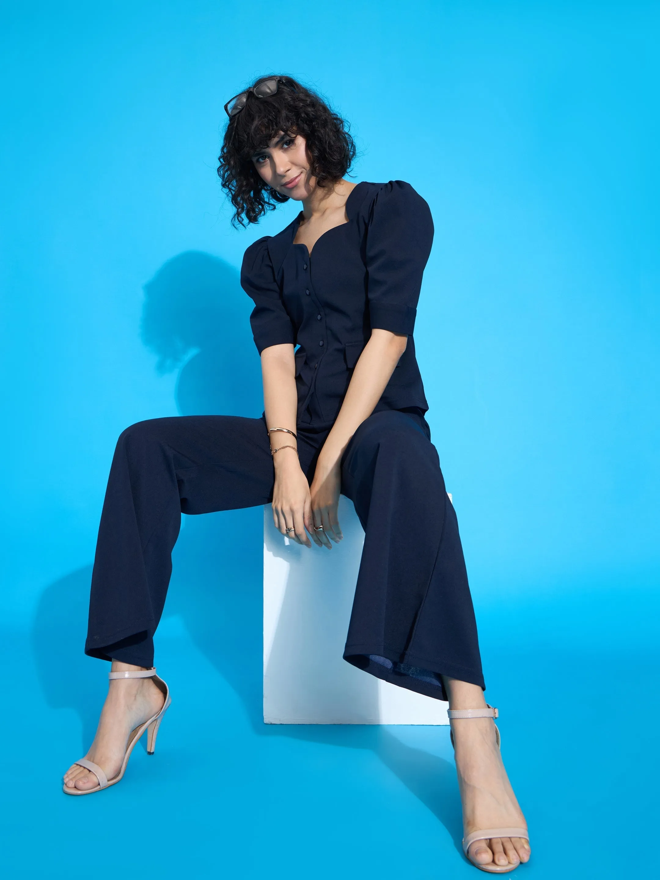 Women Navy Black Puff Sleeves Top With Bell Bottom Pants