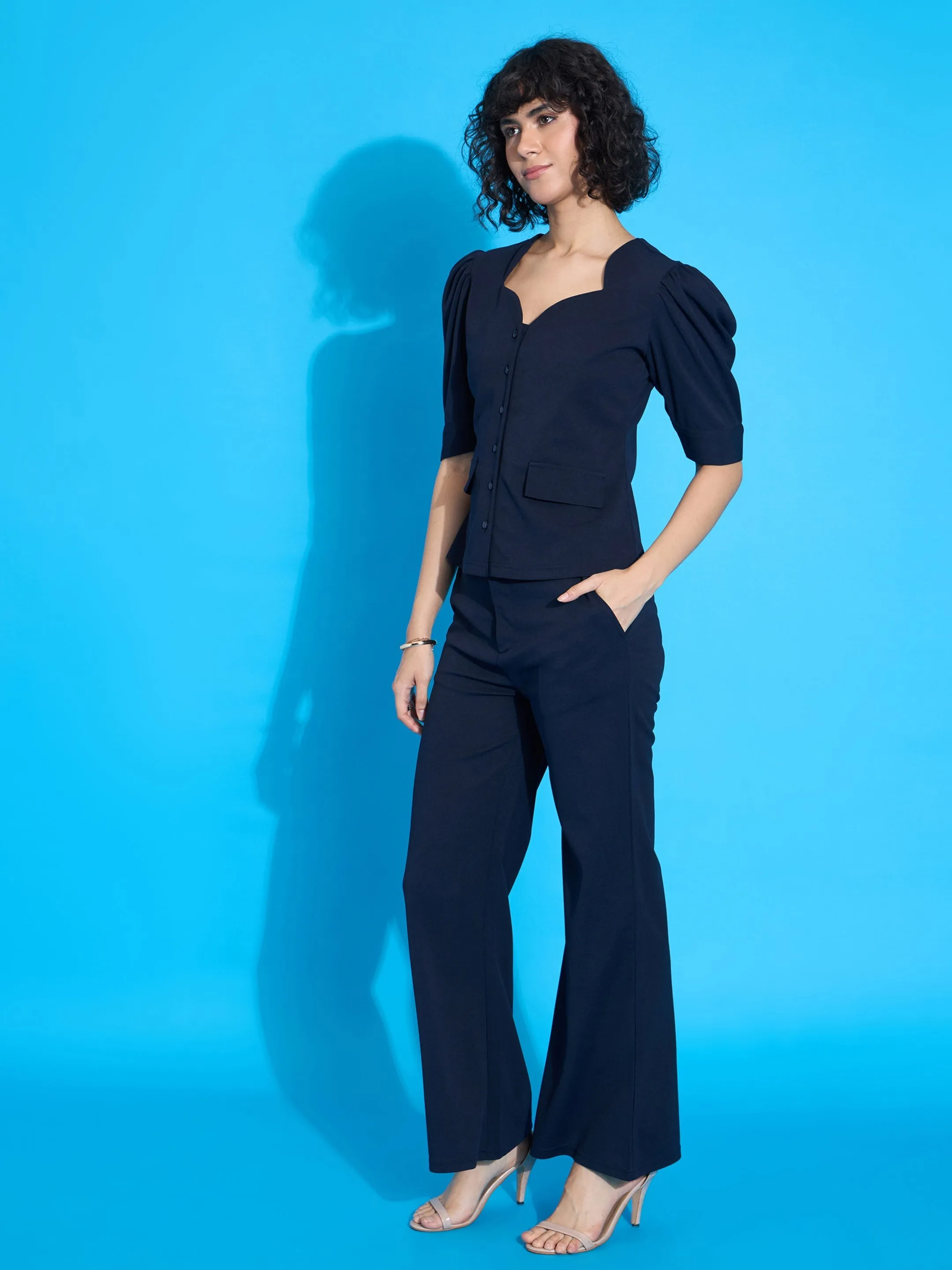 Women Navy Black Puff Sleeves Top With Bell Bottom Pants