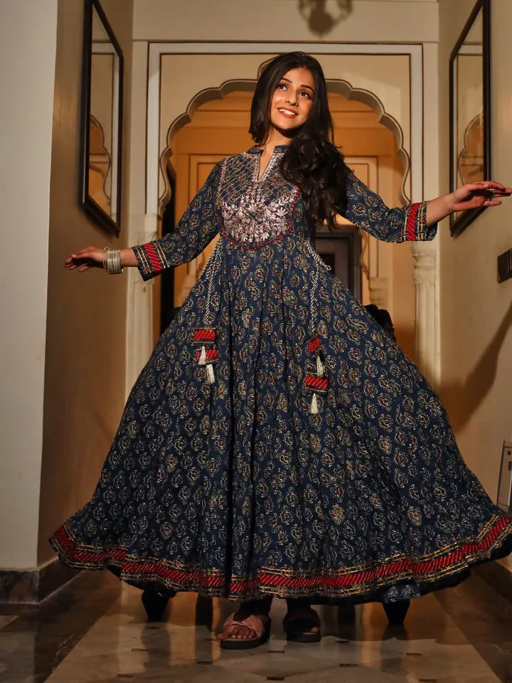 Women'S Blue Cotton Anarkali Kurta