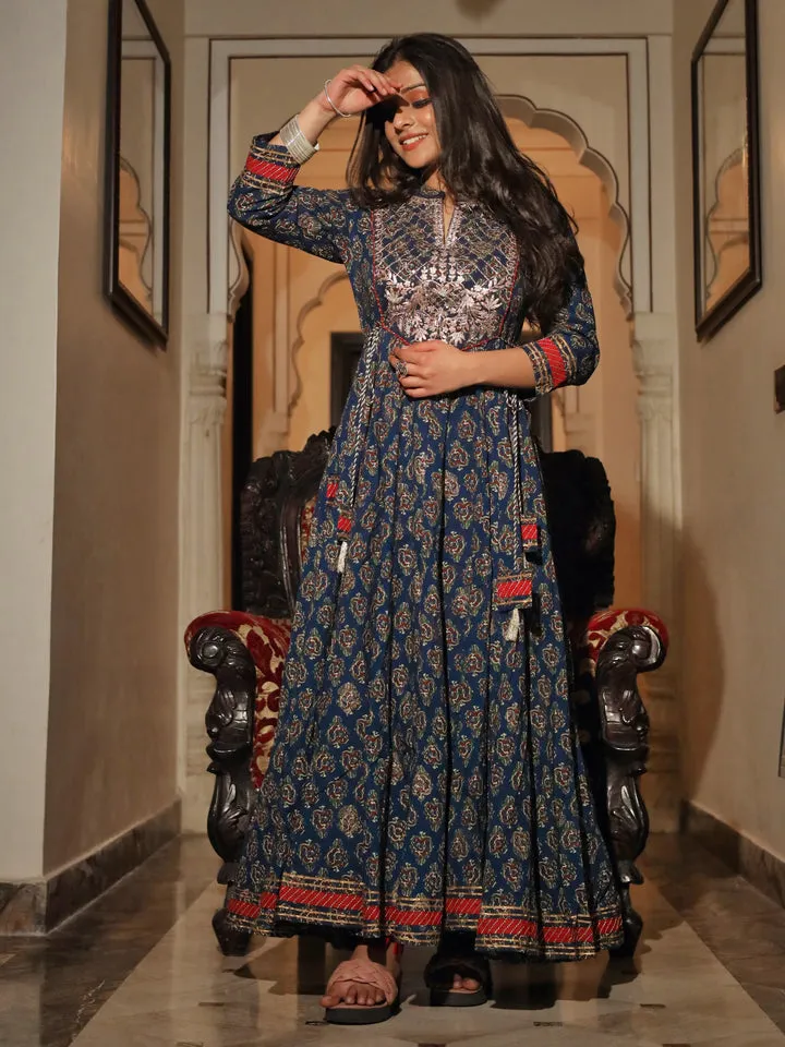 Women'S Blue Cotton Anarkali Kurta