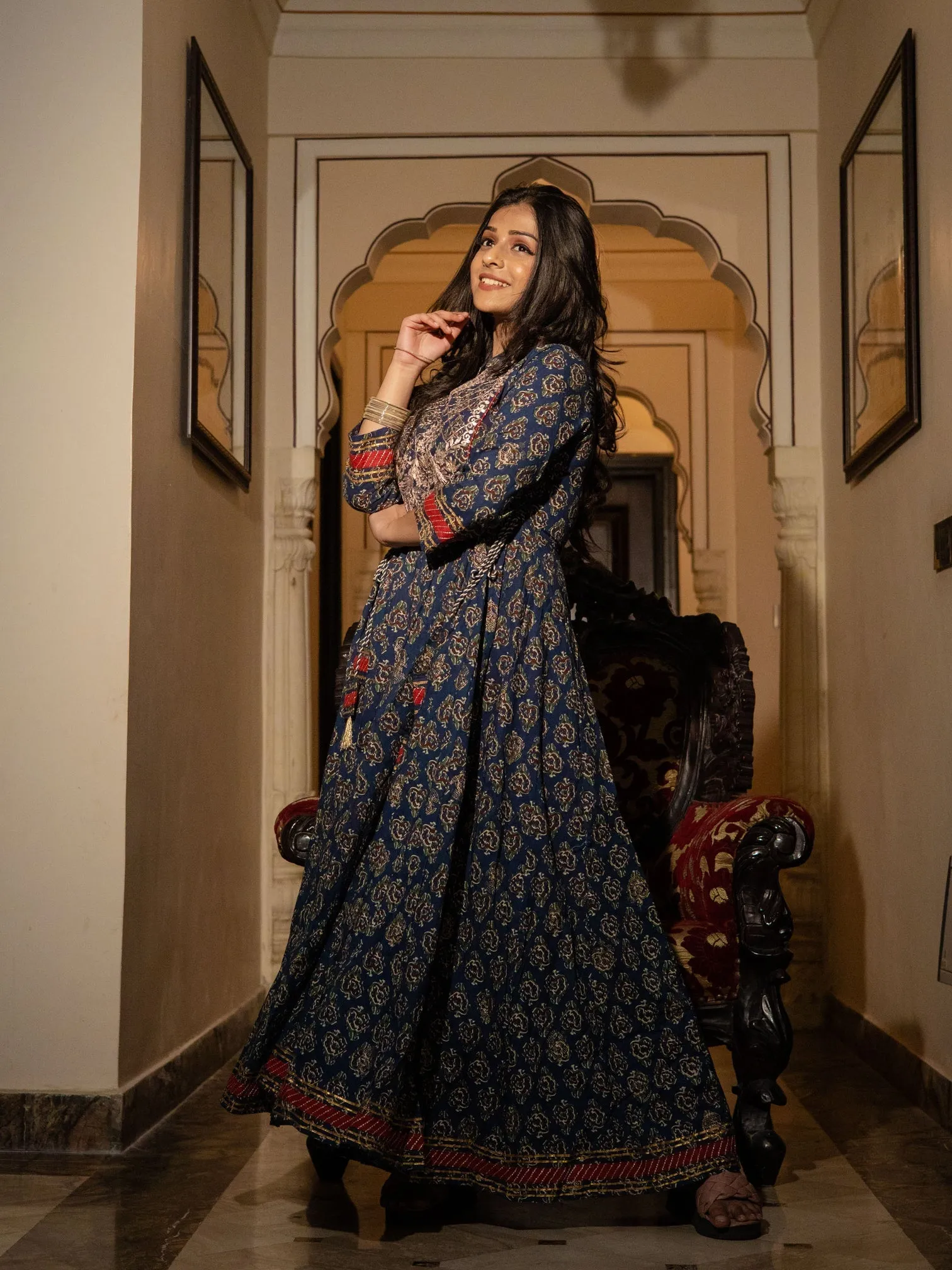 Women'S Blue Cotton Anarkali Kurta