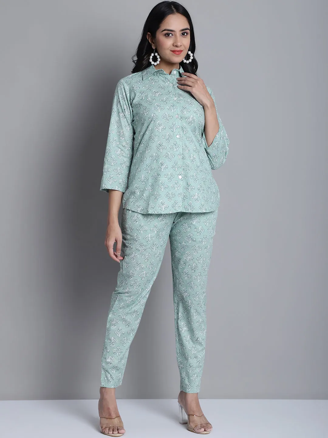 Women's Lime Green Printed Shirt and Trouser Co-ords Set