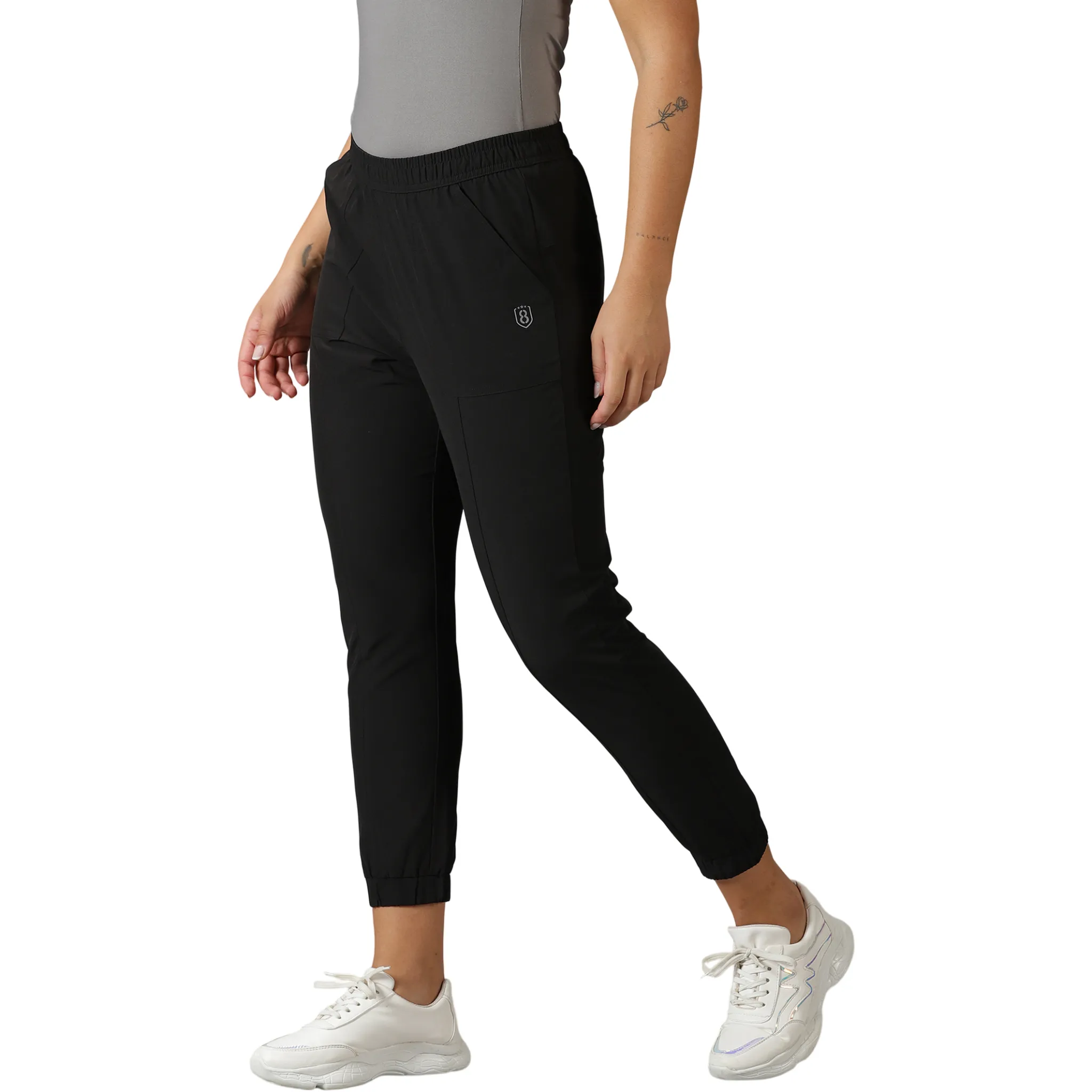 Women's Solid Running Black Track Pants with Elasticated waist & Pockets