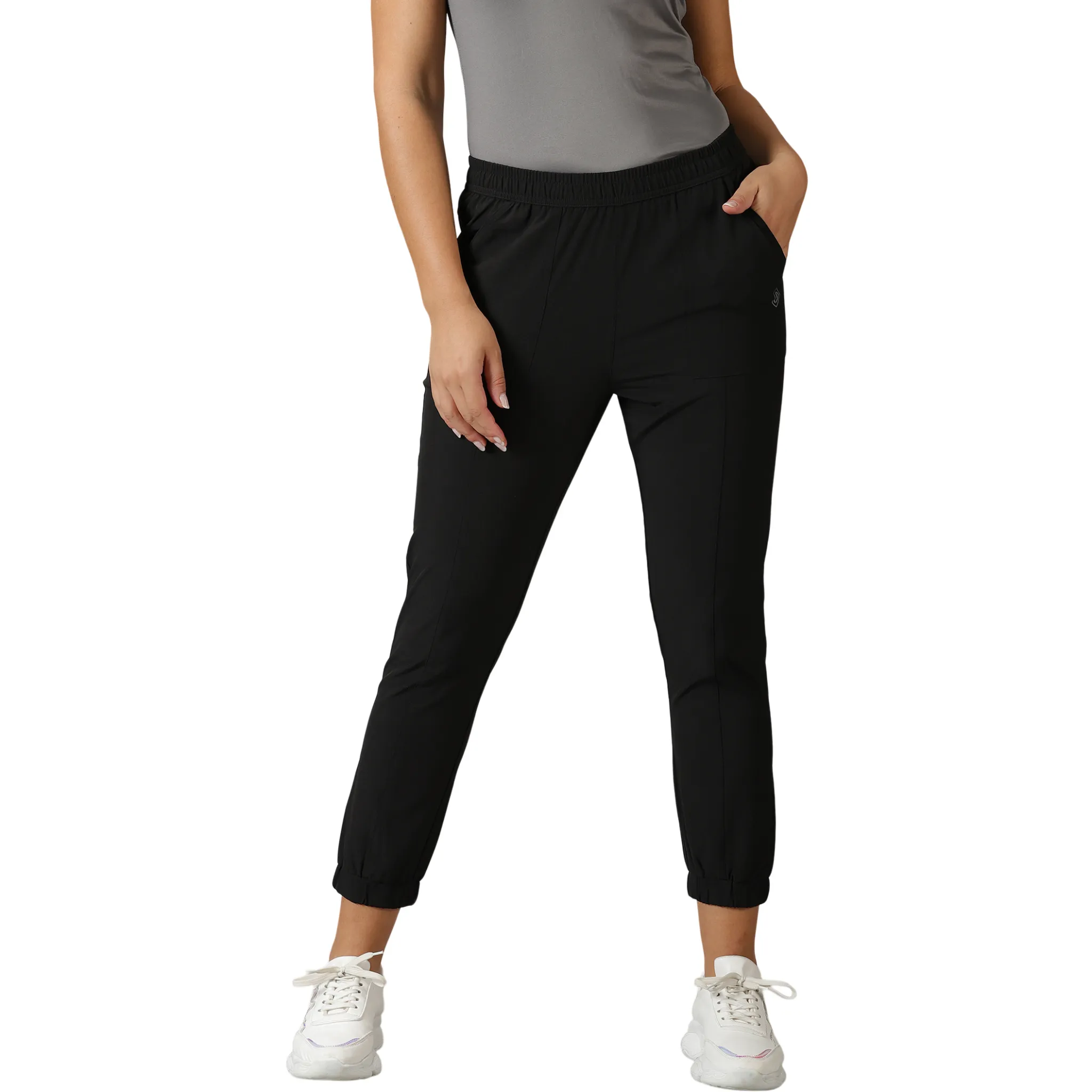 Women's Solid Running Black Track Pants with Elasticated waist & Pockets