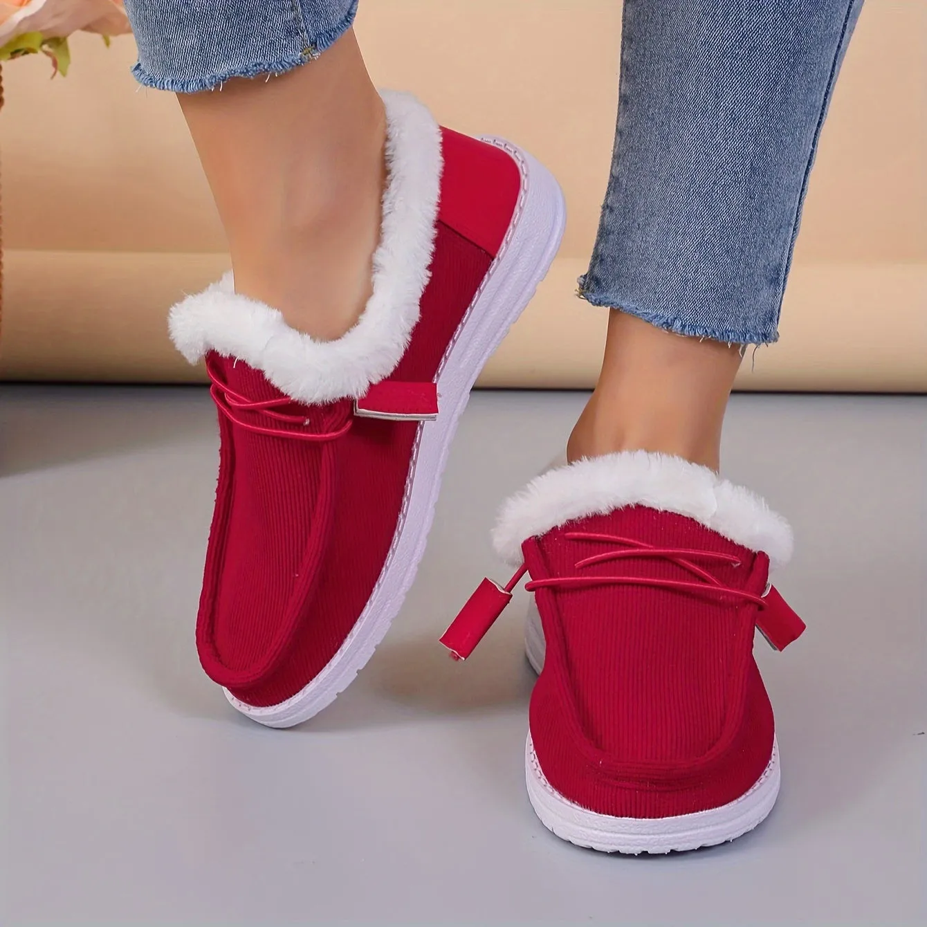 Women's Splicing Fluffy Loafers, Winter Warm Round Toe Slip On Flat Shoes, Cozy Low Top Snow Boots