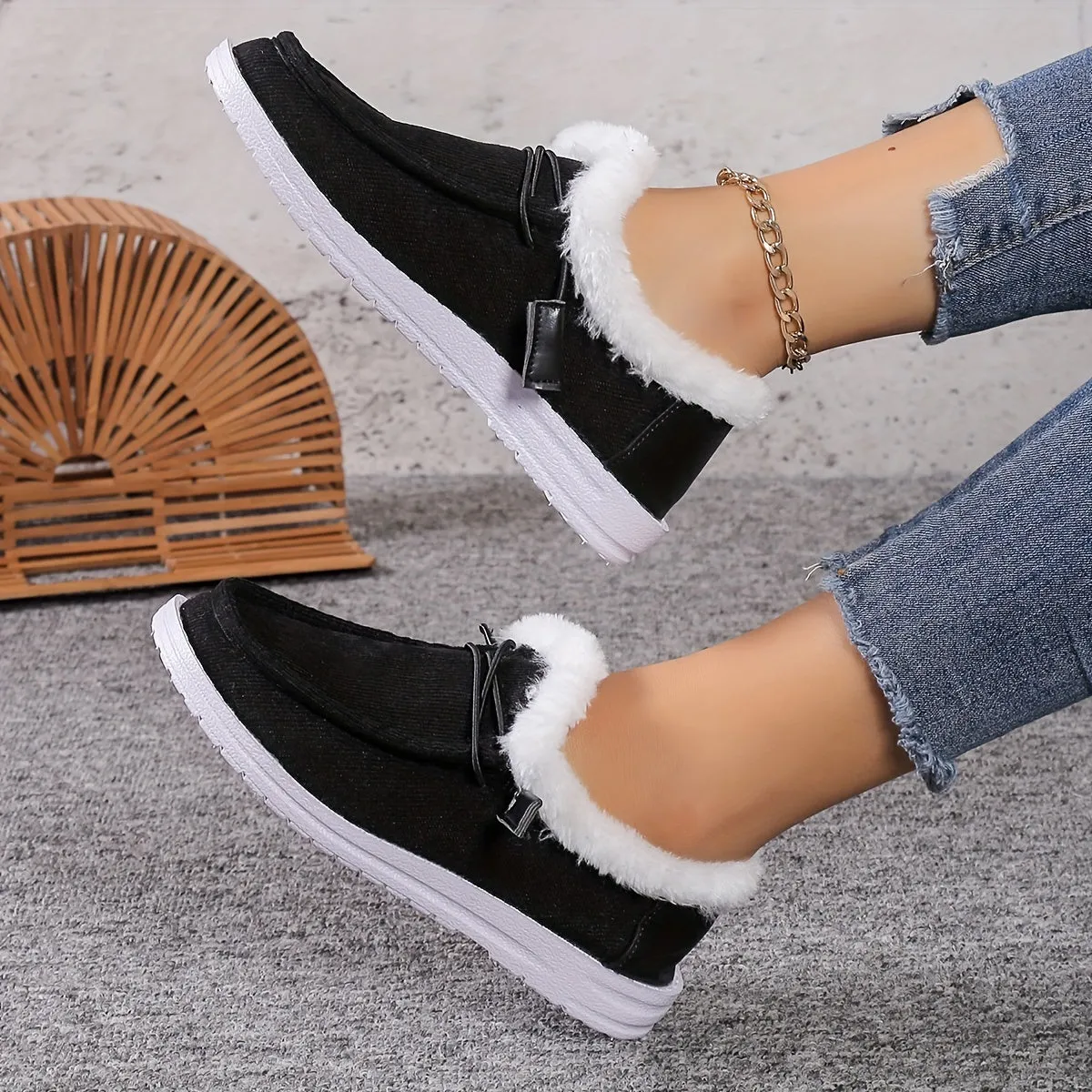 Women's Splicing Fluffy Loafers, Winter Warm Round Toe Slip On Flat Shoes, Cozy Low Top Snow Boots